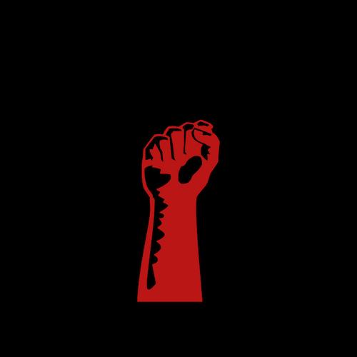 A red fist against a black background